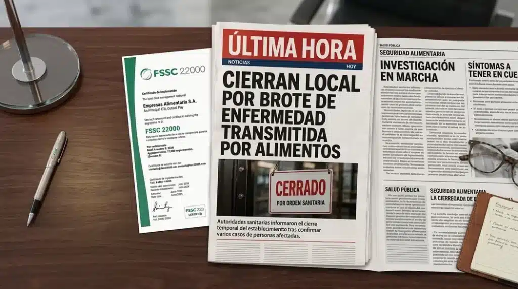 Un certificado de inocuidad alimentaria FSSC 22000 contrastado con un periódico impreso cuyo titular dice 'Cerran local por brote de enfermedad transmitida por alimentos'.