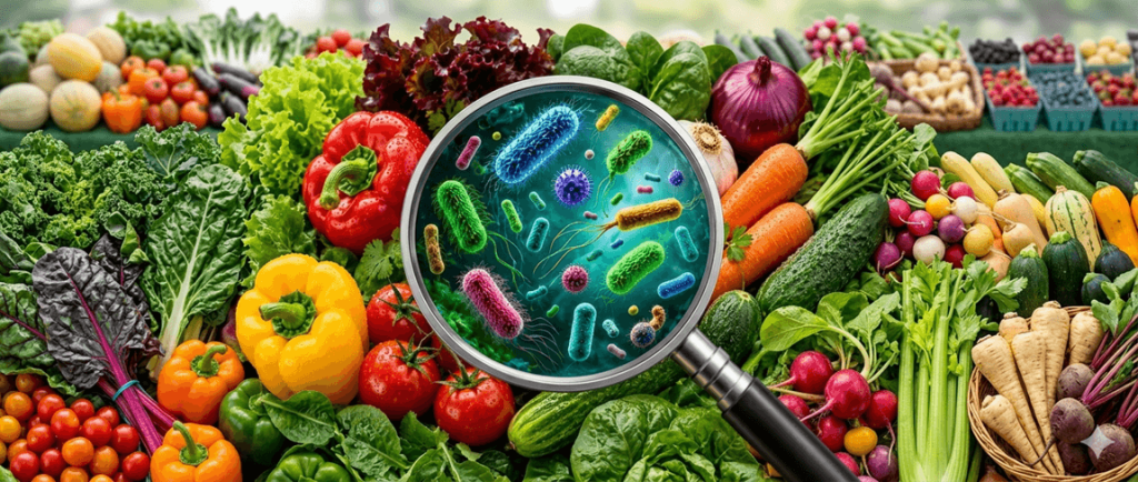 Lupa mostrando bacterias sobre vegetales frescos, representando las enfermedades transmitidas por alimentos.