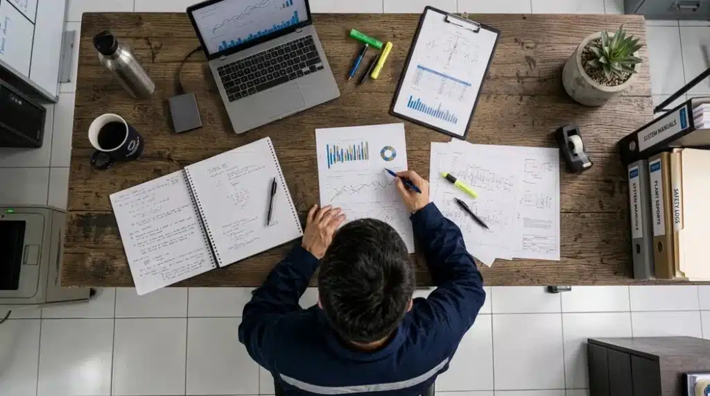 Vista aérea de un analista o supervisor de planta con uniforme azul analizando gráficos de barras, tendencias lineales y reportes técnicos sobre un escritorio de madera junto a una laptop.