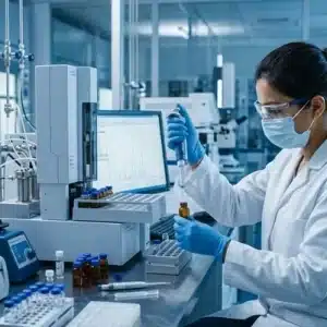 Una científica o analista con bata blanca, mascarilla médica, gafas de protección y guantes azules utiliza una micropipeta para transferir una muestra líquida en un laboratorio de control de calidad de alimentos junto a un equipo automatizado de análisis.