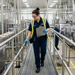 Una auditora o inspectora de calidad con chaleco de seguridad y guantes camina por una pasarela metálica central con una tabla portapapeles inspeccionando las líneas de producción de una planta de alimentos.