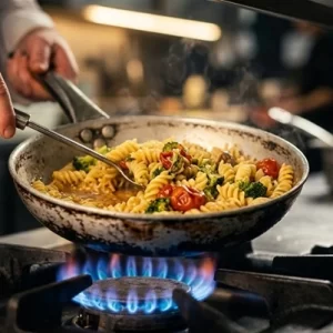 Primer plano de las manos de un cocinero preparando pasta en un sartén sobre una estufa con llama de gas encendida, ilustrando el entrenamiento práctico de la certificación ServSafe para servicios de alimentación.