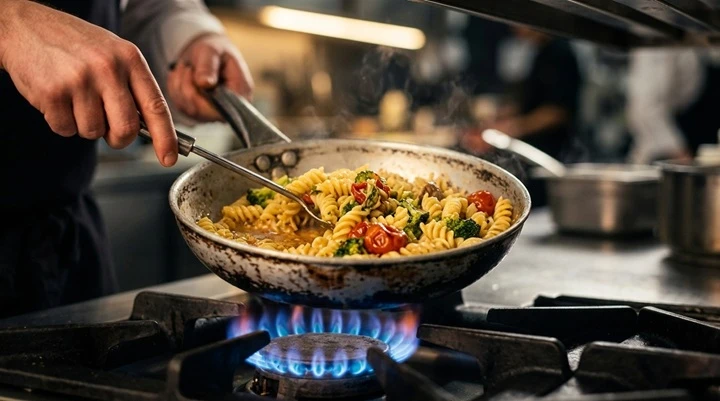 Primer plano de las manos de un cocinero preparando pasta en un sartén sobre una estufa con llama de gas encendida, ilustrando el entrenamiento práctico de la certificación ServSafe para servicios de alimentación.