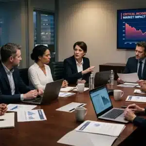 Grupo de directivos y ejecutivos reunidos en una sala de juntas analizando datos financieros y gráficos de pérdidas en pantallas y computadoras durante una reunión de emergencia.