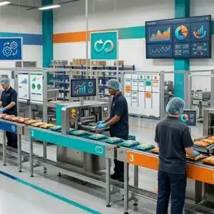 Operarios con uniformes, cofias y guantes trabajan en una línea de empaque automatizada dentro de una planta de alimentos moderna que cuenta con pantallas de indicadores visuales, gráficos de rendimiento y áreas numeradas.