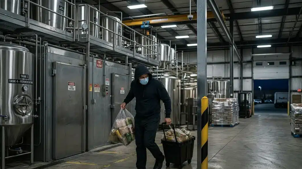 Un hombre con sudadera negra con capucha y mascarilla médica mirando con cautela mientras saca bolsas con alimentos enlatados y un carrito de una planta de procesamiento, representando un riesgo de Food Defense o intrusión.
