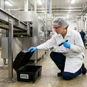 Una inspectora de calidad con bata blanca, cofia, gafas de protección y guantes azules se arrodilla en el suelo de una planta industrial para revisar una estación de control de plagas con una linterna y una tabla de registros.