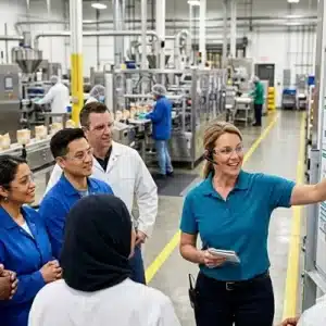 Una gerenta de planta con gafas de seguridad explica gráficos de rendimiento en una pizarra magnética a un equipo diverso de supervisores y operarios con batas y uniformes dentro de una fábrica de alimentos en funcionamiento.