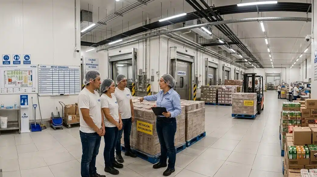 Una líder o supervisora de calidad con camisa azul y tabla portapapeles instruyendo a tres operadores en una planta de alimentos junto a un palé retenido con un cartel amarillo que dice 'Retención: Por Evaluación'.