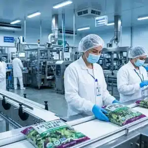 Operadoras con batas blancas, cofias, mascarillas y guantes azules supervisan y registran datos en una tableta electrónica en la línea de empaque automatizado de ensaladas frescas en una planta de alimentos.