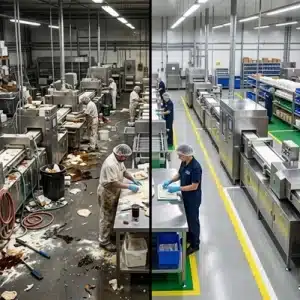 Imagen comparativa dividida en dos partes de una planta de alimentos: el lado izquierdo muestra un área de producción desordenada, sucia y con residuos en el suelo; el lado derecho muestra la misma área limpia, organizada, con líneas de demarcación y estanterías codificadas por colores mediante la metodología Lean.