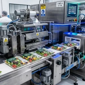 Ilustración detallada de una planta industrial de alimentos automatizada donde operarios con uniformes, mascarillas y cofias supervisan líneas de empaque y maquinaria de mezcla, bajo señalizaciones de control de calidad y seguridad.