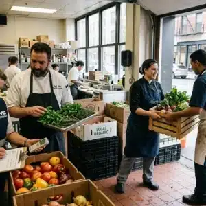Una inspectora sanitaria con chaleco oficial toma notas mientras un jefe de cocina revisa vegetales frescos en bandejas y el personal descarga cajas de madera desde un camión de reparto.
