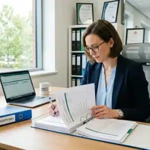 Una gerente o auditora de calidad sentada en su oficina revisando una carpeta de auditorías internas abierta sobre su escritorio junto a una laptop con hojas de cálculo y estanterías con archivadores al fondo.
