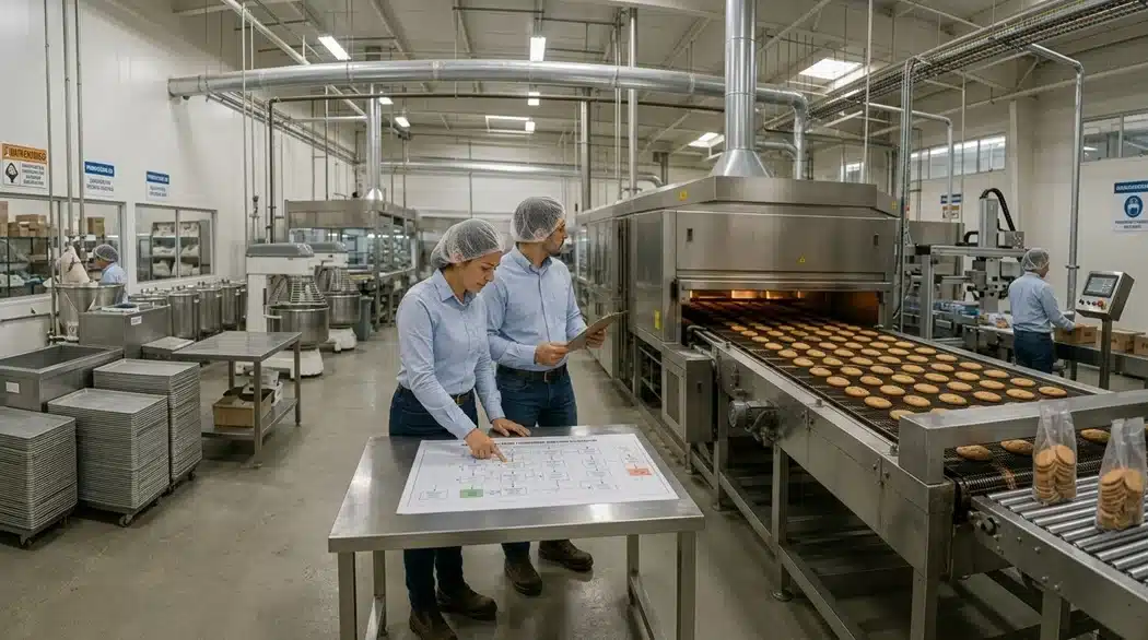 Dos inspectores de calidad con cofias revisando un plano impreso de diagrama de flujo sobre una mesa de acero inoxidable junto a un horno industrial de galletas en una planta de alimentos.