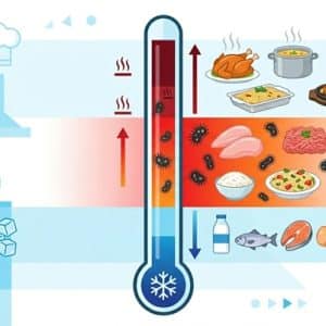 Infografía educativa que muestra un termómetro de cocina dividiendo las temperaturas de los alimentos: zona caliente de cocción segura arriba, zona roja central de peligro con multiplicación de bacterias, y zona fría inferior de refrigeración.